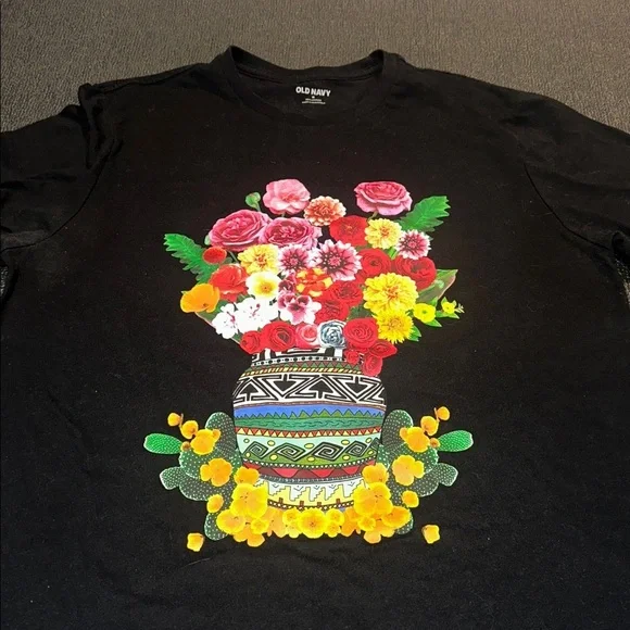 Old Navy Black Tee with Colorful Floral Design - Picture 2 of 6